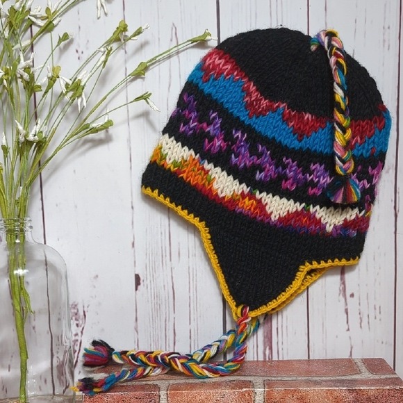 Colorful Knit Wool Chullo Peruvian Beanie Earflap Hat Made in Nepal Braided Ties main image 13